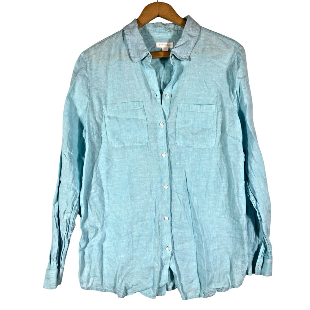 Charter Club Linen Top Medium Button Up Light Blue Long Sleeve Coastal Womens